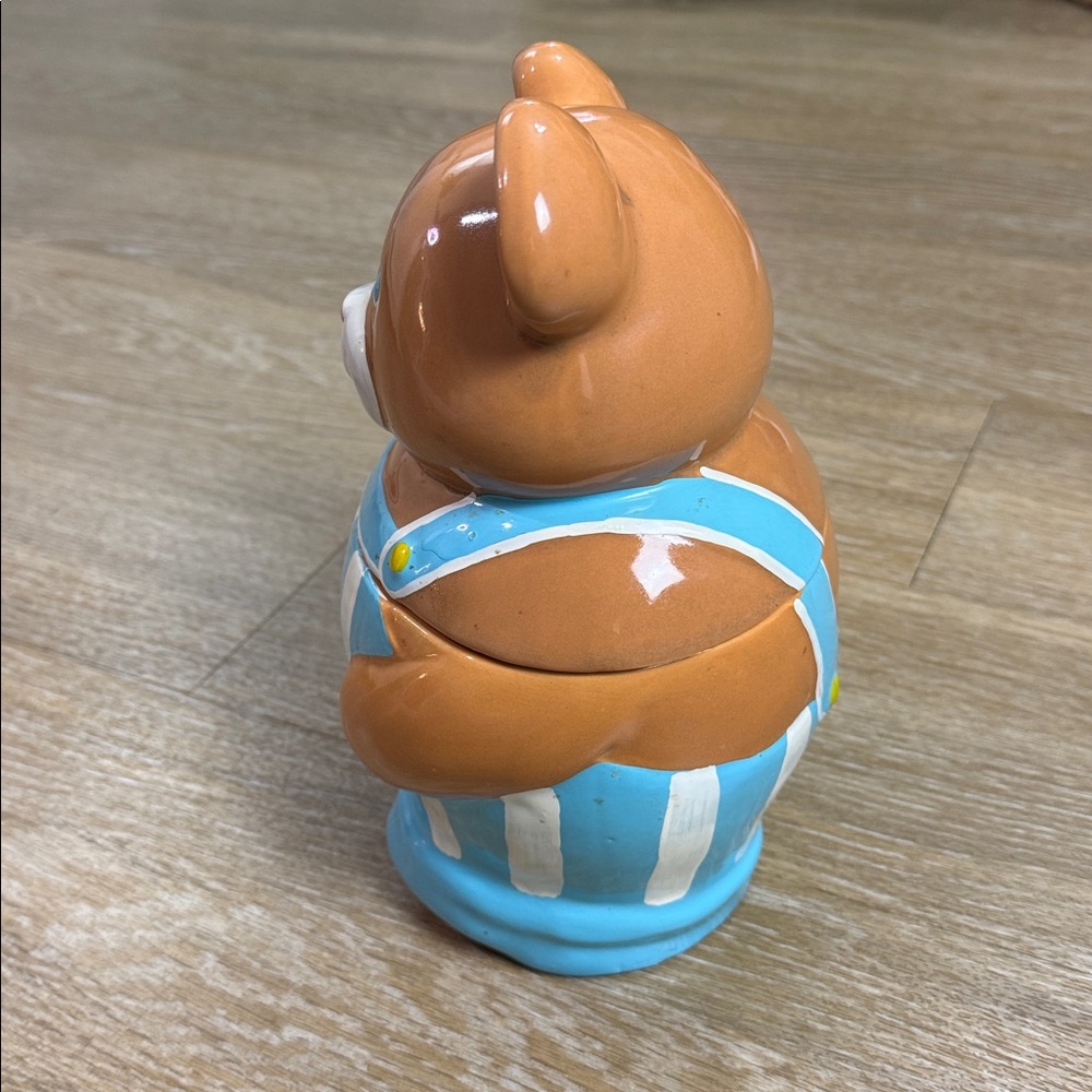 Vintage Teddy Bear Blue Striped Overalls Ceramic Cookie Jar Cottage Core - Picture 6 of 10